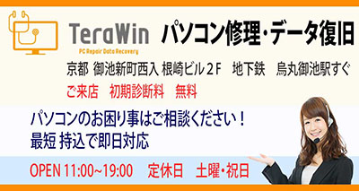 パソコン修理 パソコン故障　京都 TeraWin 京都市中京区御池新町西入　営業11時から18時　定休日は土曜・祝日　TEL075-223-5001　診断料無料 スマフォ用画像